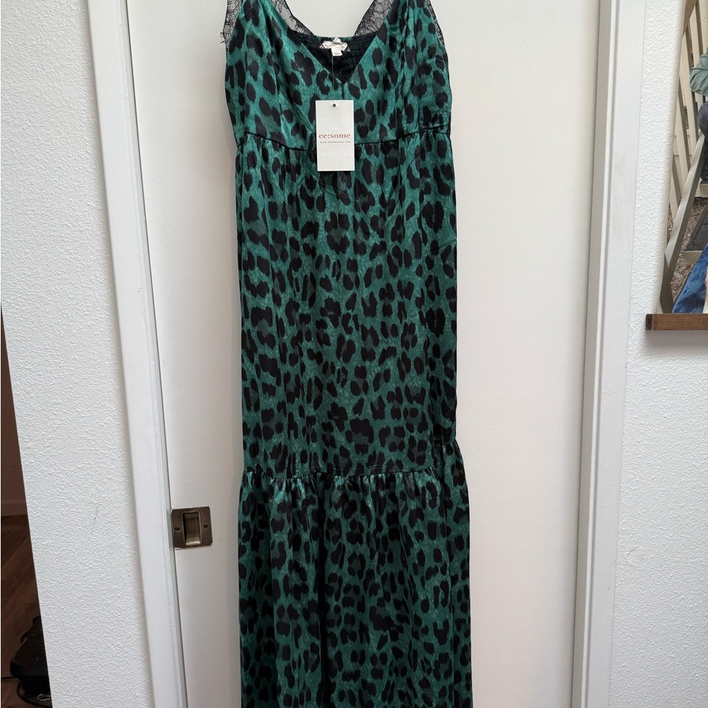 NWT Green Satin and Lace Leopard Print Maxi Dress-NWT